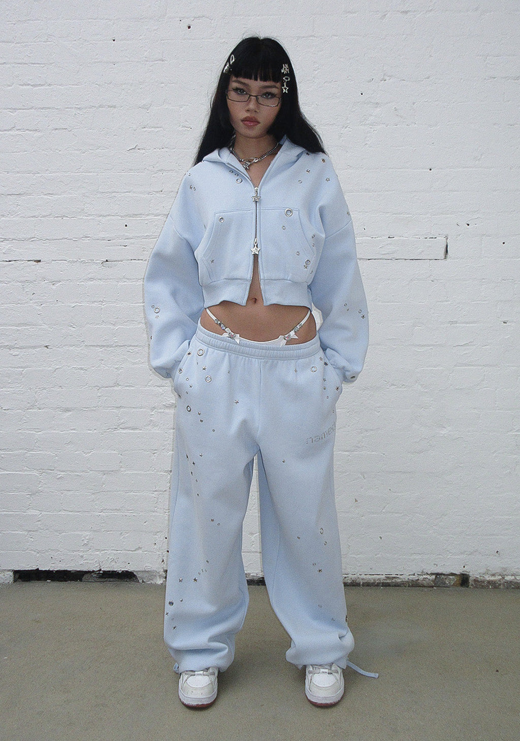 GLITCH EYELET OVERSIZED SWEATPANTS BABY BLUE