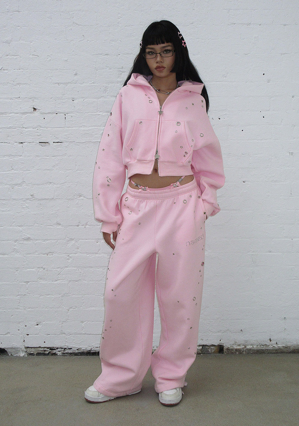 GLITCH EYELET OVERSIZED SWEATPANTS BABY PINK