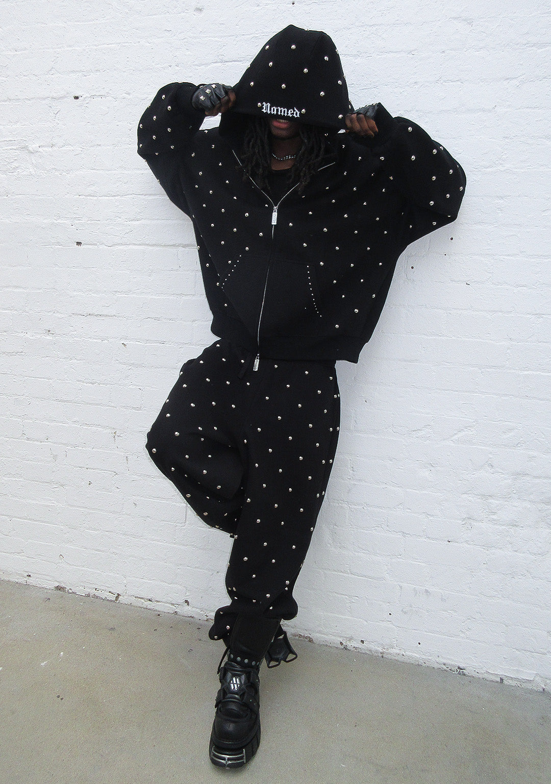 NOVA STUDDED POLKA DOT OVERSIZED SWEATPANTS BLACK