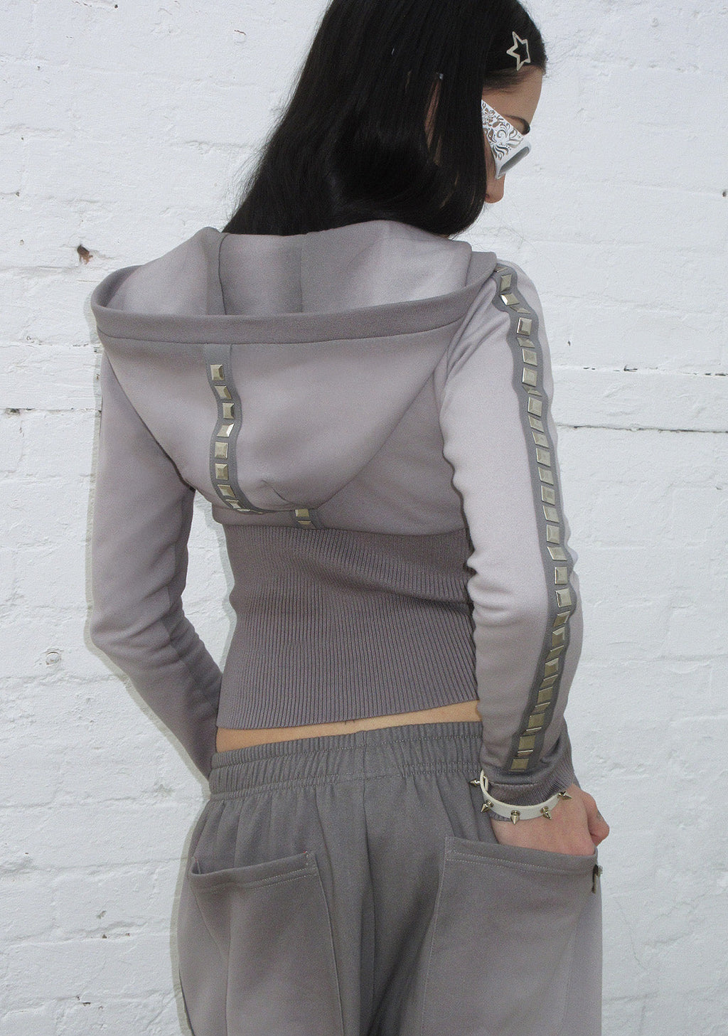 RUMOUR STUDDED FITTED ZIP HOODIE GRADIENT GREY